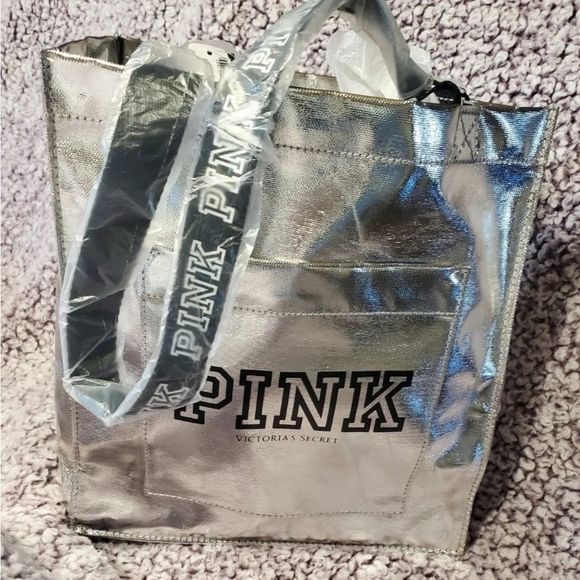 PINK Victoria's Secret Handbags - PINK VS Tote Bag Front Pocket Silver & Black